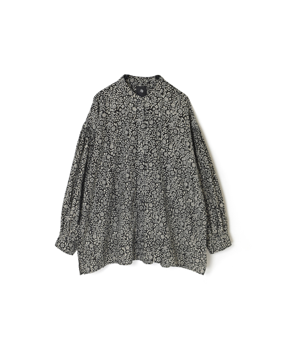 INMDS24731(シャツ) 80s COTTON FLOWER BLOCK PRINT BANDED COLLAR SHIRT WITH MINI PINTUCK