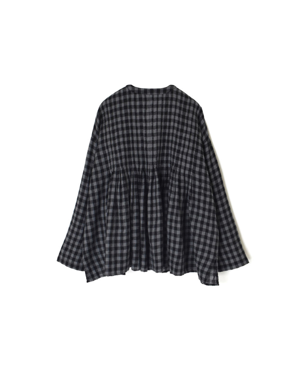 NMDS24572(シャツ) BOILED WOOL GINGHAM CHECK V-NECK FRONT OPENING SHIRT WITH INVERTED PLEATS