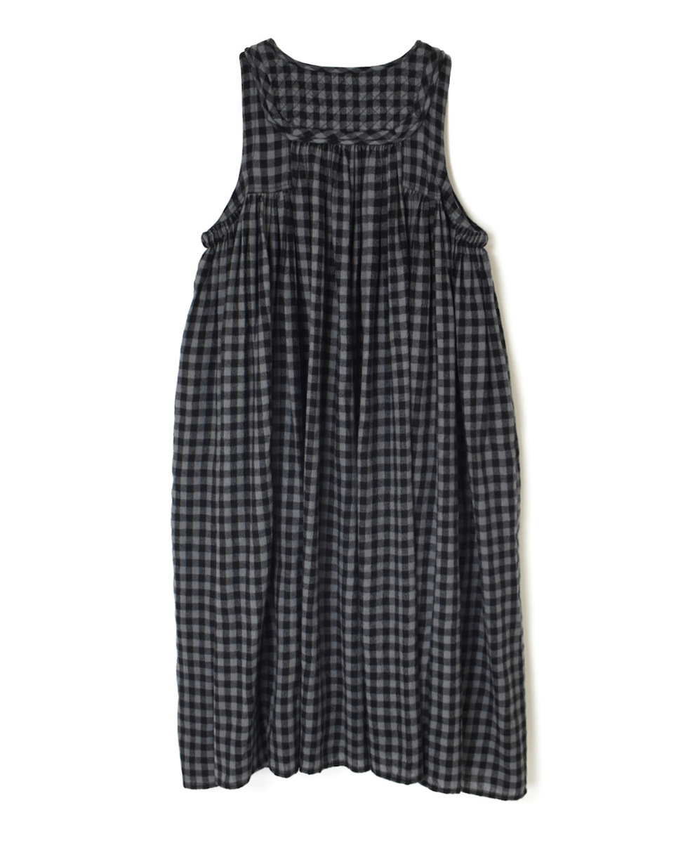 NMDS24573(ワンピース) BOILED WOOL GINGHAM CHECK RAJASTHAN TUCK GATHERD NO/SL QUILTING DRESS