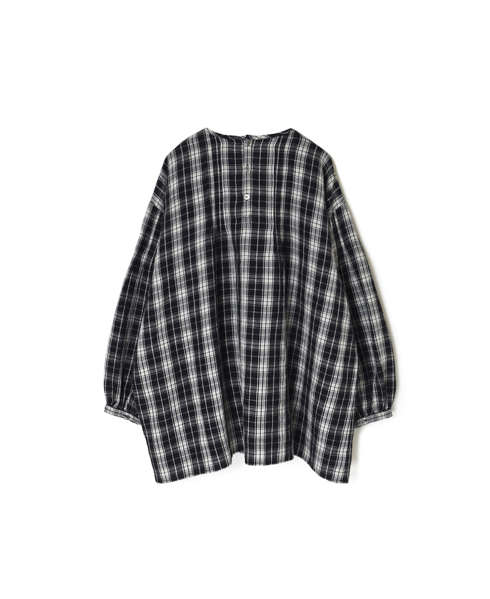 INSL24712(シャツ) WOOL/LINEN CHECK CREW NECK L/SL SHIRT WITH PINTUCK