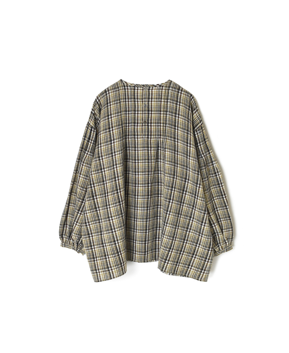 INSL24712(シャツ) WOOL/LINEN CHECK CREW NECK L/SL SHIRT WITH PINTUCK