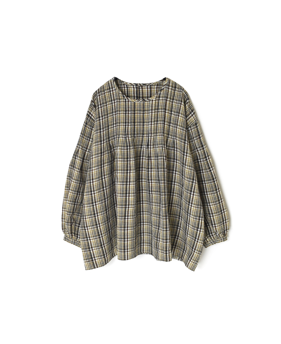 INSL24712(シャツ) WOOL/LINEN CHECK CREW NECK L/SL SHIRT WITH PINTUCK