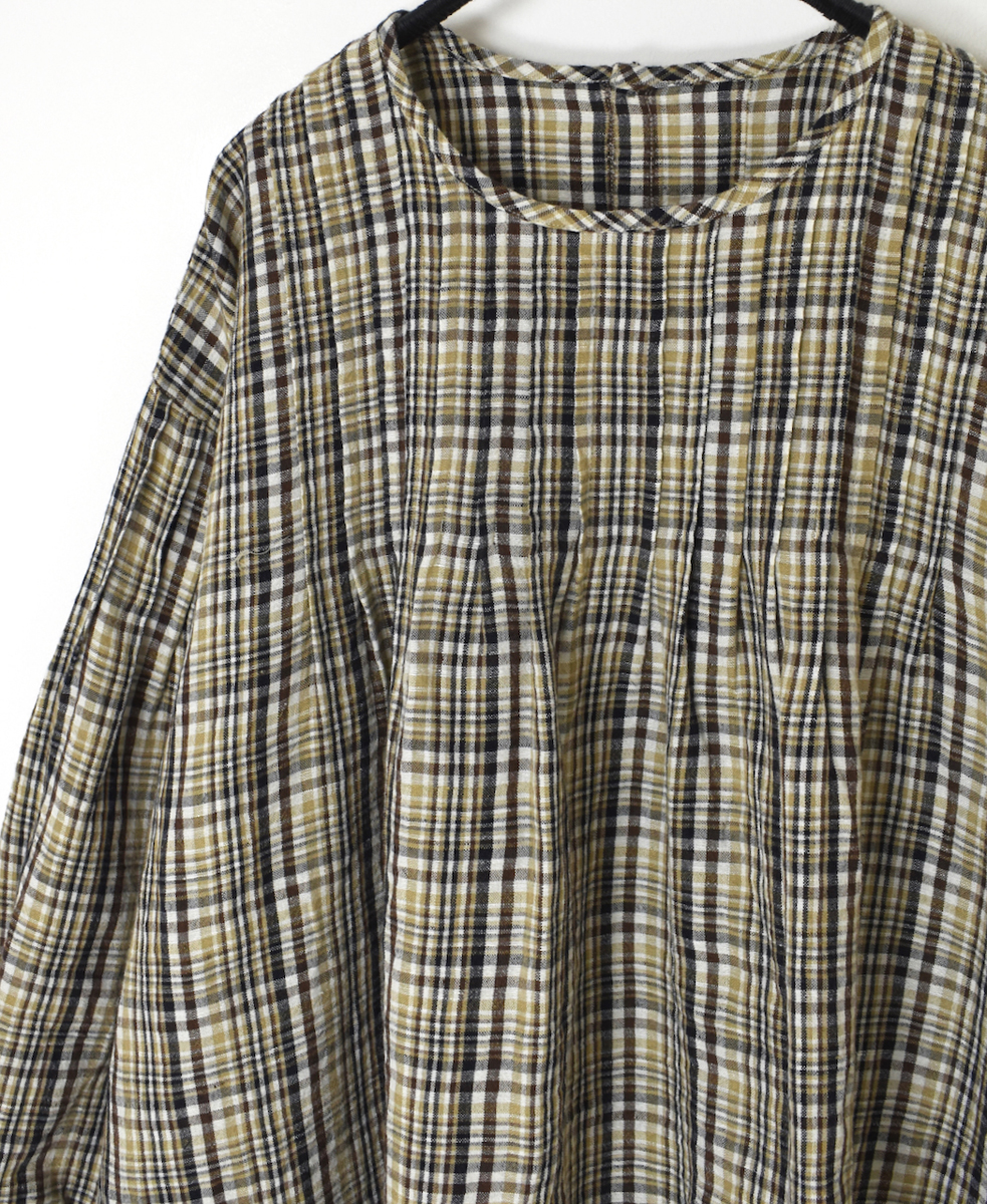 INSL24712(シャツ) WOOL/LINEN CHECK CREW NECK L/SL SHIRT WITH PINTUCK