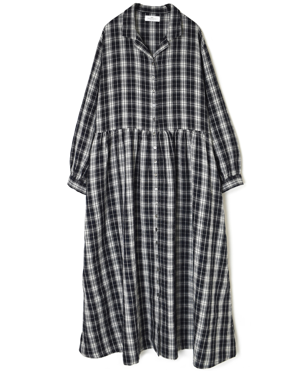 INSL24713(ワンピース) WOOL/LINEN CHECK POEN COLLAR SHIRT DRESS