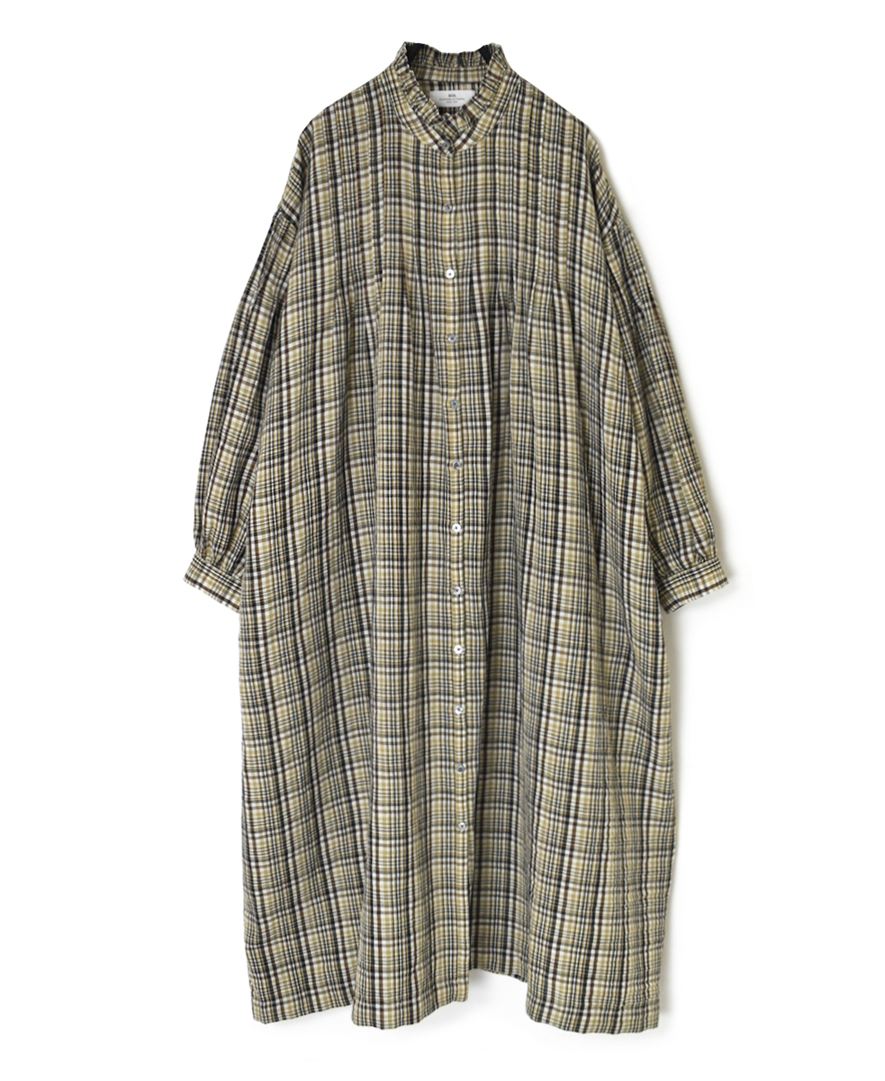 INSL24714(ワンピース) WOOL/LINEN CHECK FRILL COLLAR SHIRT DRESS WITH PINTUCK