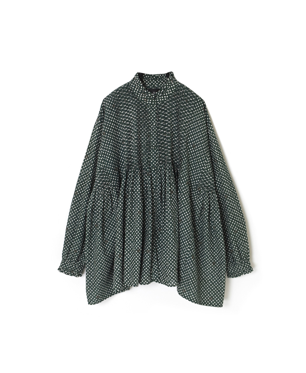 INMDS24722(シャツ) 80s COTTON SMALL SQUARE BLOCK PRINT MINI PINTUCK FRILL COLLAR SHIRT