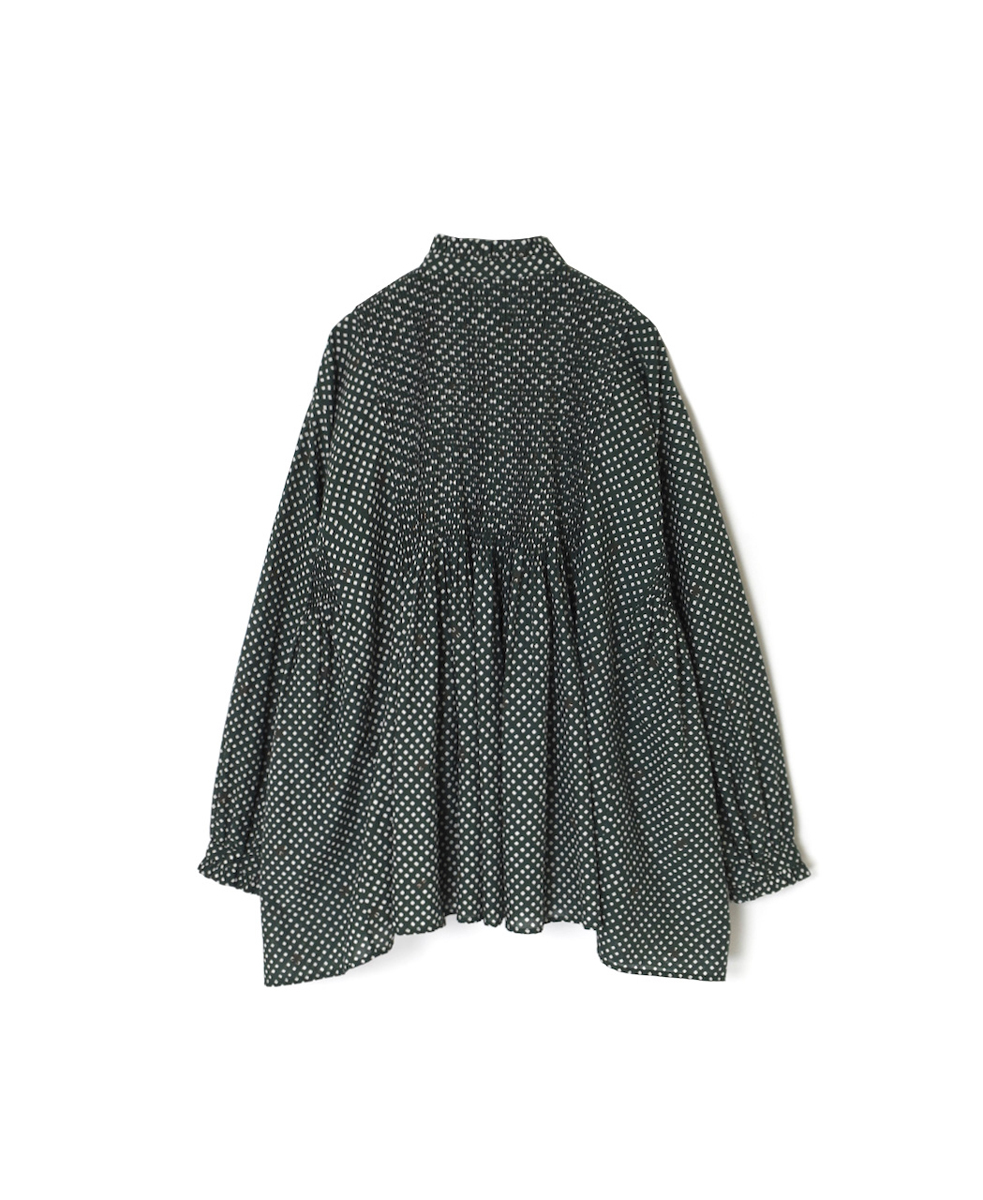 INMDS24722(シャツ) 80s COTTON SMALL SQUARE BLOCK PRINT MINI PINTUCK FRILL COLLAR SHIRT