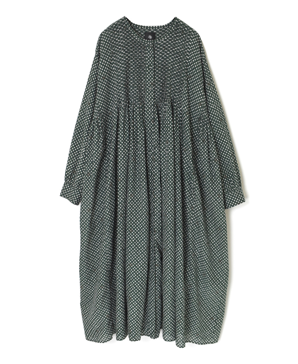 INMDS24723(ワンピース) 80s COTTON SMALL SQUARE BLOCK PRINT CREW-NECK BUTTON MAXI SHIRT DRESS WITH MINI PINTUCK