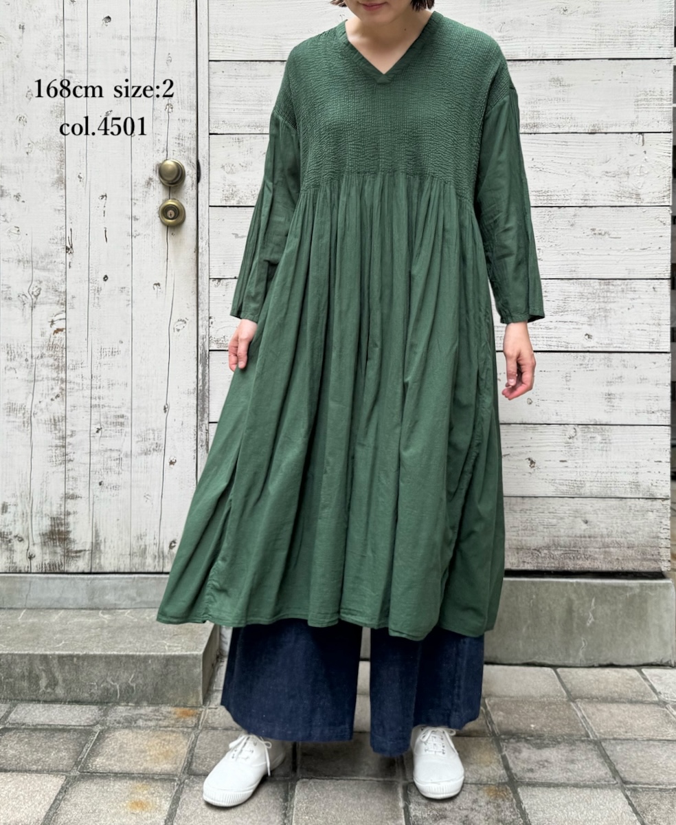 NMDS24202D(ワンピース) 80s ORGANIC VOILE STRIPE(OVERDYE) V-NECK PULLOVER DRESS WITH MINI PINTUCK