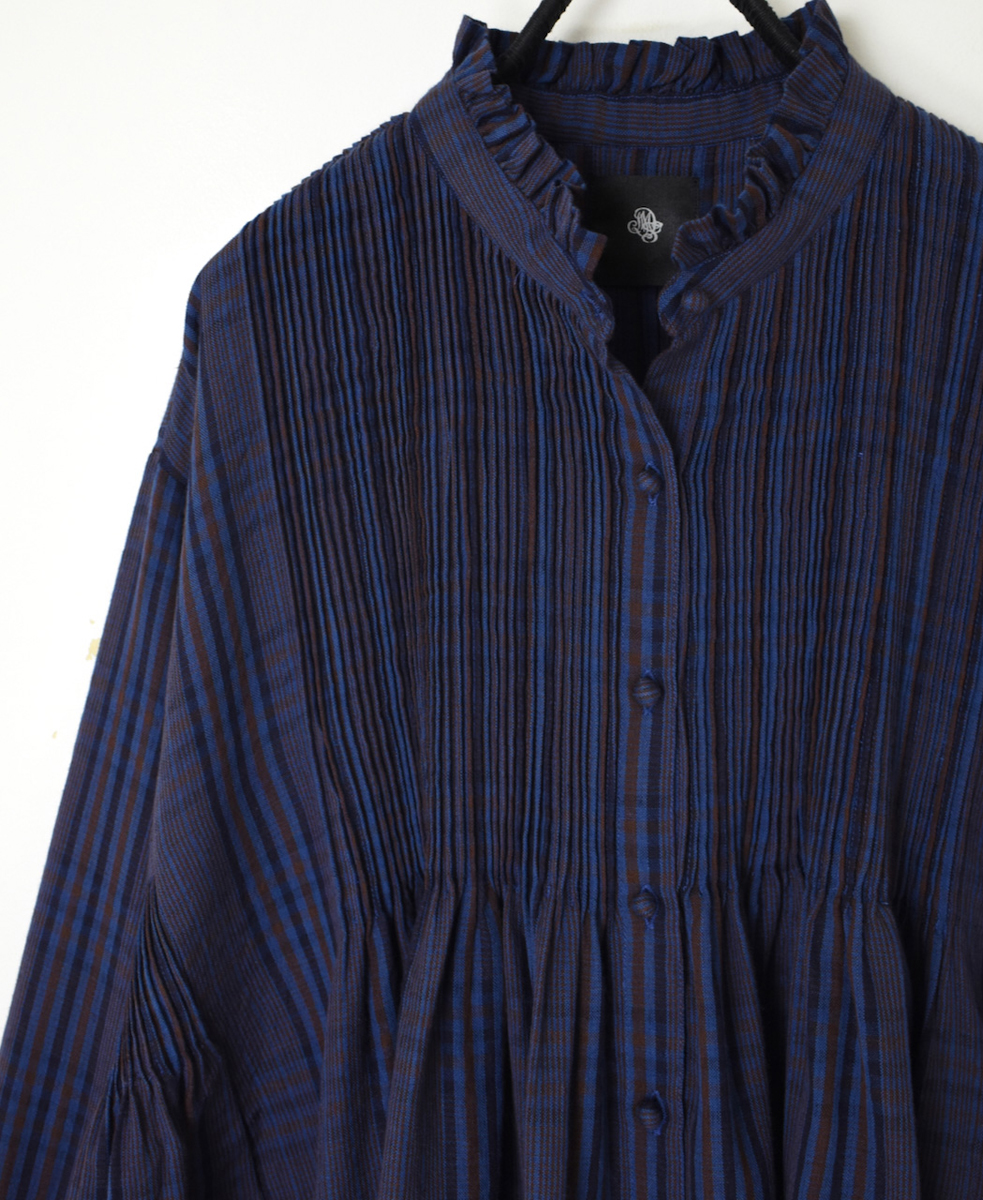 NMDS24581(シャツ) WOOL COTTON CHECK FRILL COLLAR PINTUCK SHIRT