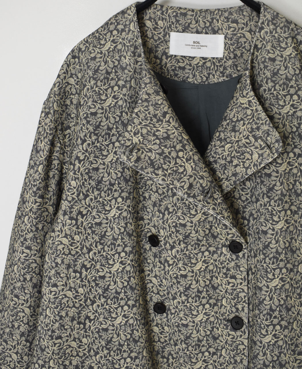 NSL24532(ジャケット) CORDUROY FLOWER PRINT NO COLLAR DOUBLE LONG JACKET