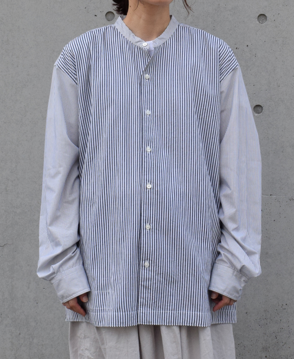 NVL2461SP(シャツ) COTTON STRIPE PATCHWORK BANDED COLLAR L/SL SHIRT