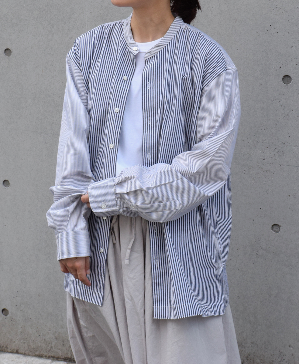 NVL2461SP(シャツ) COTTON STRIPE PATCHWORK BANDED COLLAR L/SL SHIRT