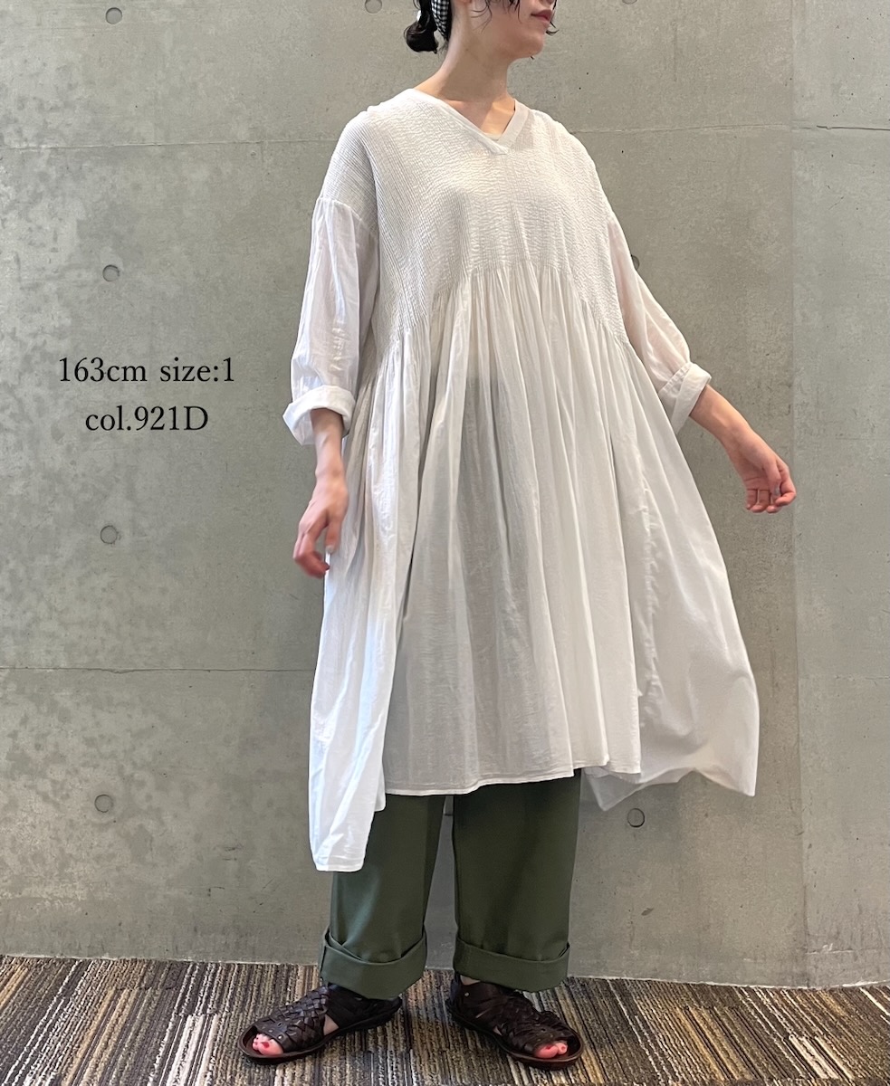 NMDS24202D(ワンピース) 80s ORGANIC VOILE STRIPE(OVERDYE) V-NECK PULLOVER DRESS WITH MINI PINTUCK