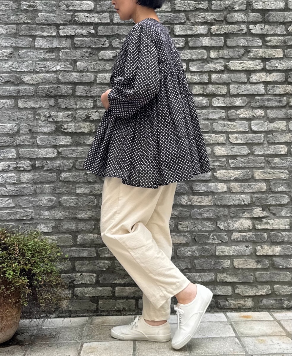 INMDS24721(シャツ) 80s COTTON SMALL SQUARE BLOCK PRINT RAJASTHAN TUCK GATHERED V-NECK SHIRT