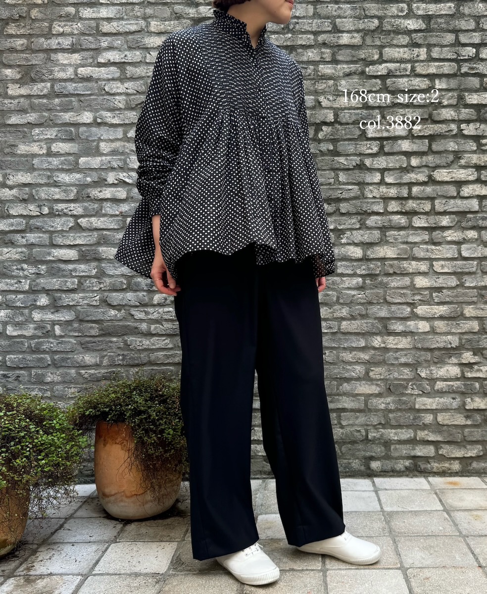 INMDS24722(シャツ) 80s COTTON SMALL SQUARE BLOCK PRINT MINI PINTUCK FRILL COLLAR SHIRT