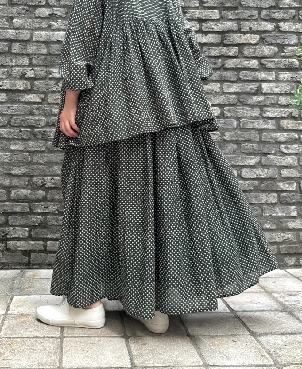 INMDS24724(スカート) 80s COTTON SMALL SQUARE BLOCK PRINT GATHERED SKIRT