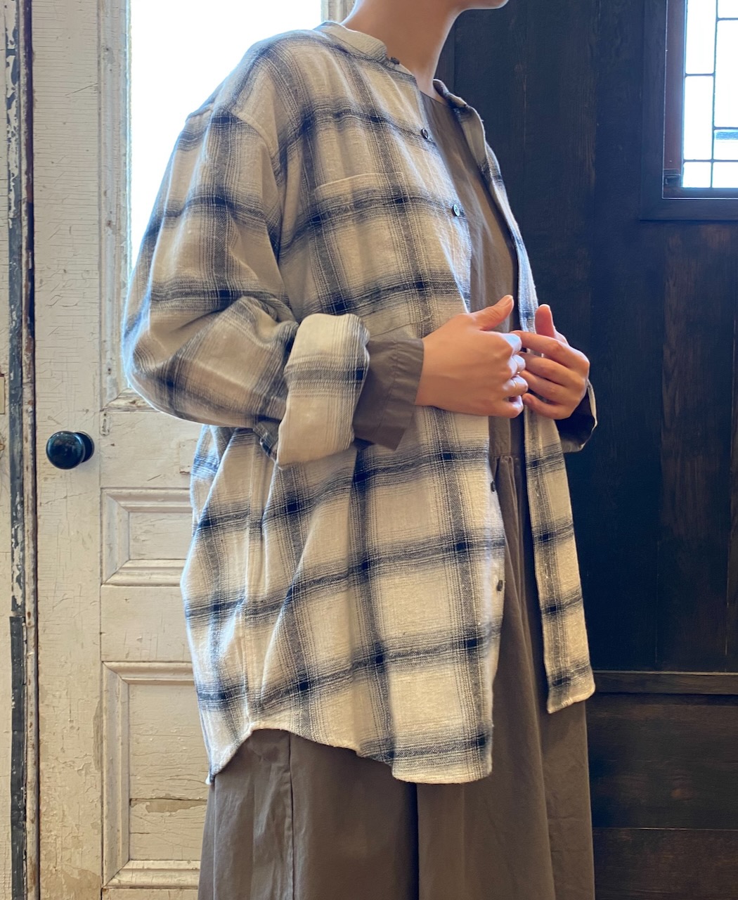 NVL1951OFC(シャツ) OMBRE FLANNEL CHECK BANDED COLLAR L/SL OVERSIZED SHIRT