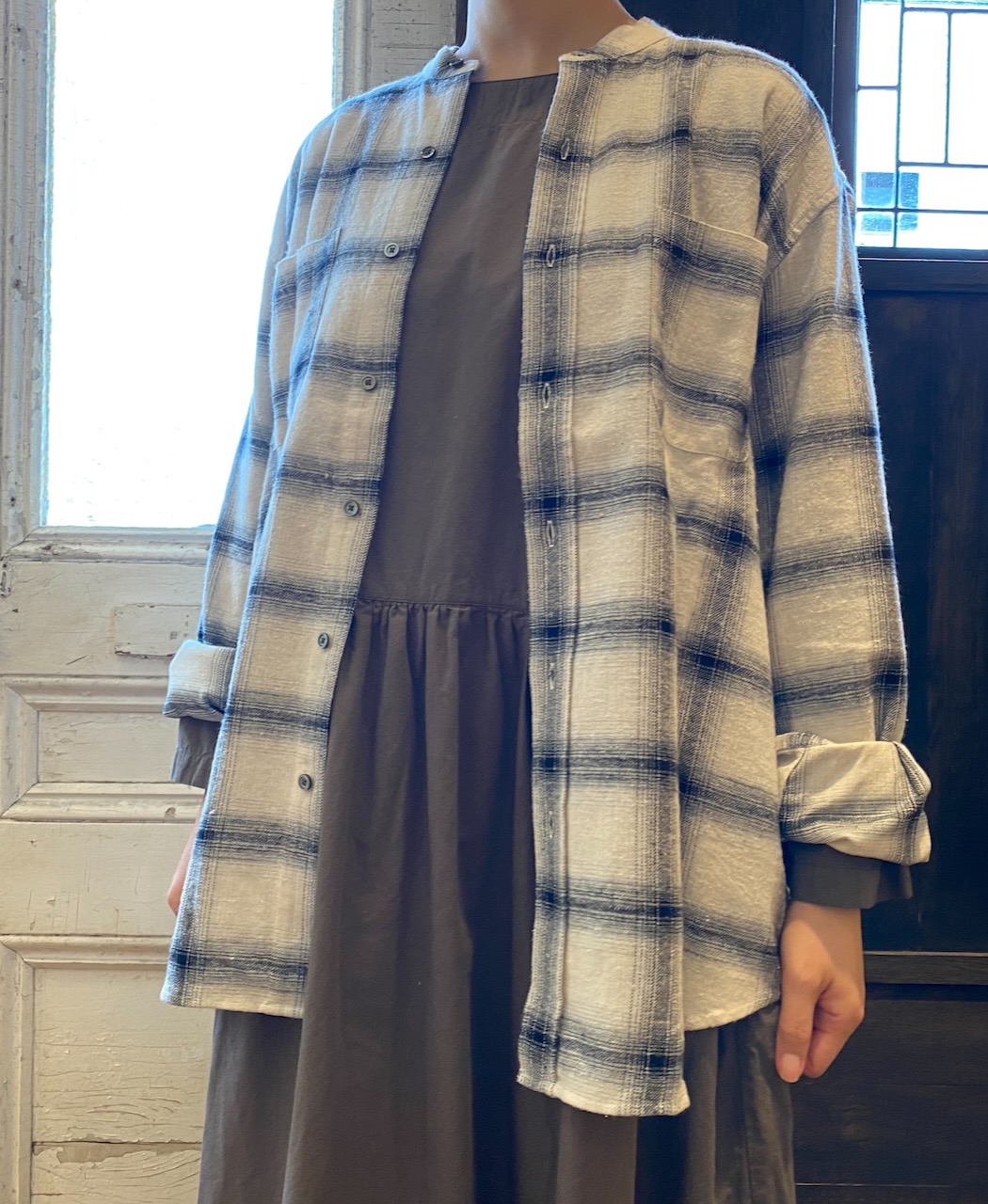 NVL1951OFC(シャツ) OMBRE FLANNEL CHECK BANDED COLLAR L/SL OVERSIZED SHIRT