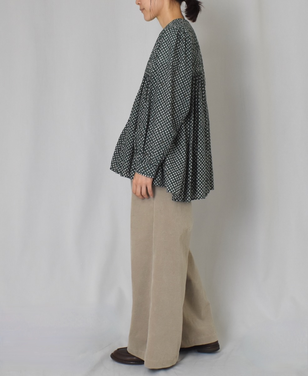 INMDS24721(シャツ) 80s COTTON SMALL SQUARE BLOCK PRINT RAJASTHAN TUCK GATHERED V-NECK SHIRT