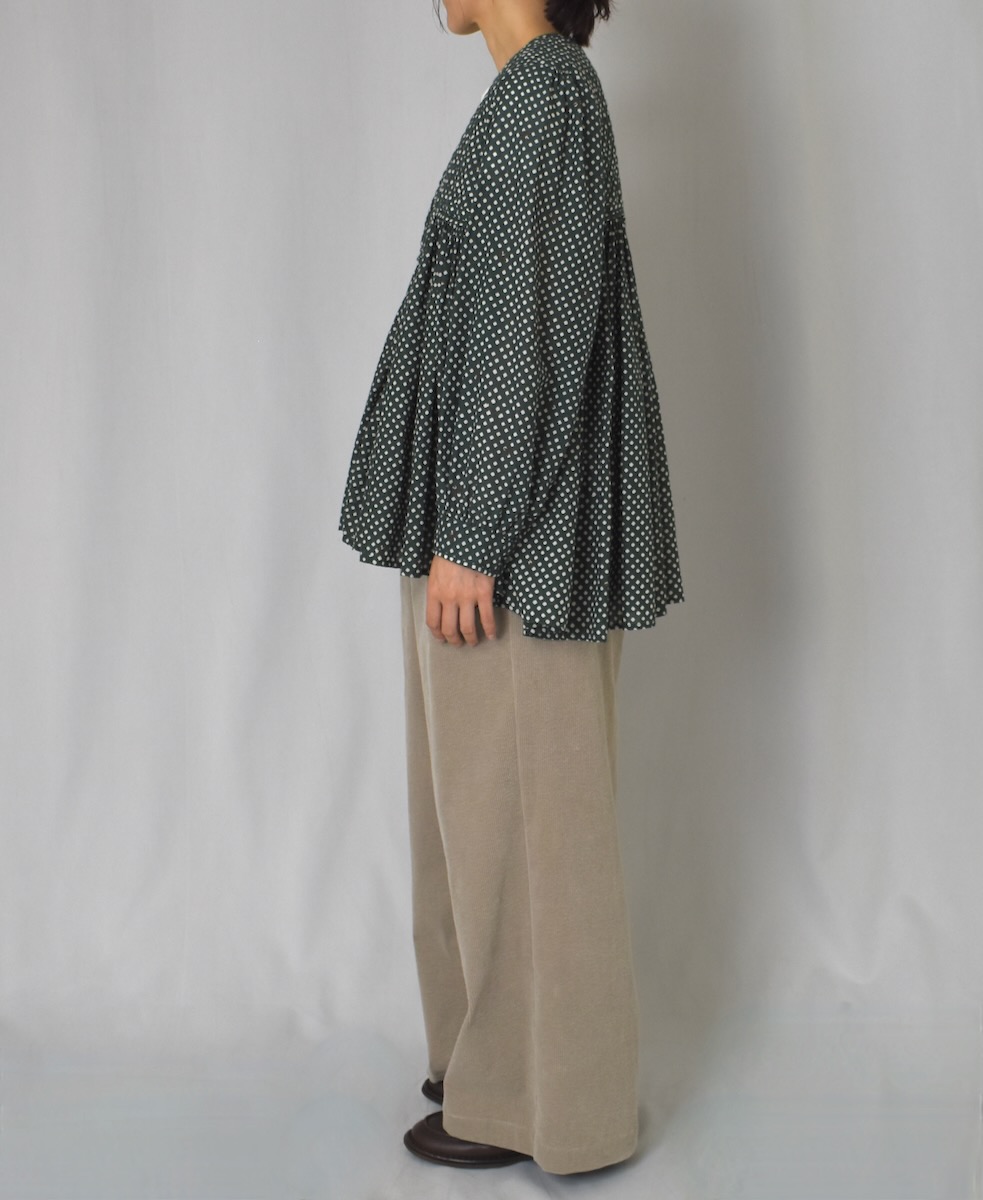 INMDS24721(シャツ) 80s COTTON SMALL SQUARE BLOCK PRINT RAJASTHAN TUCK GATHERED V-NECK SHIRT