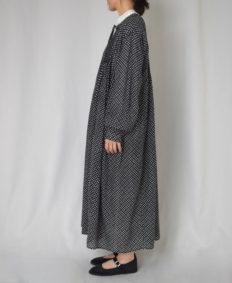 INMDS24723(ワンピース) 80s COTTON SMALL SQUARE BLOCK PRINT CREW-NECK BUTTON MAXI SHIRT DRESS WITH MINI PINTUCK