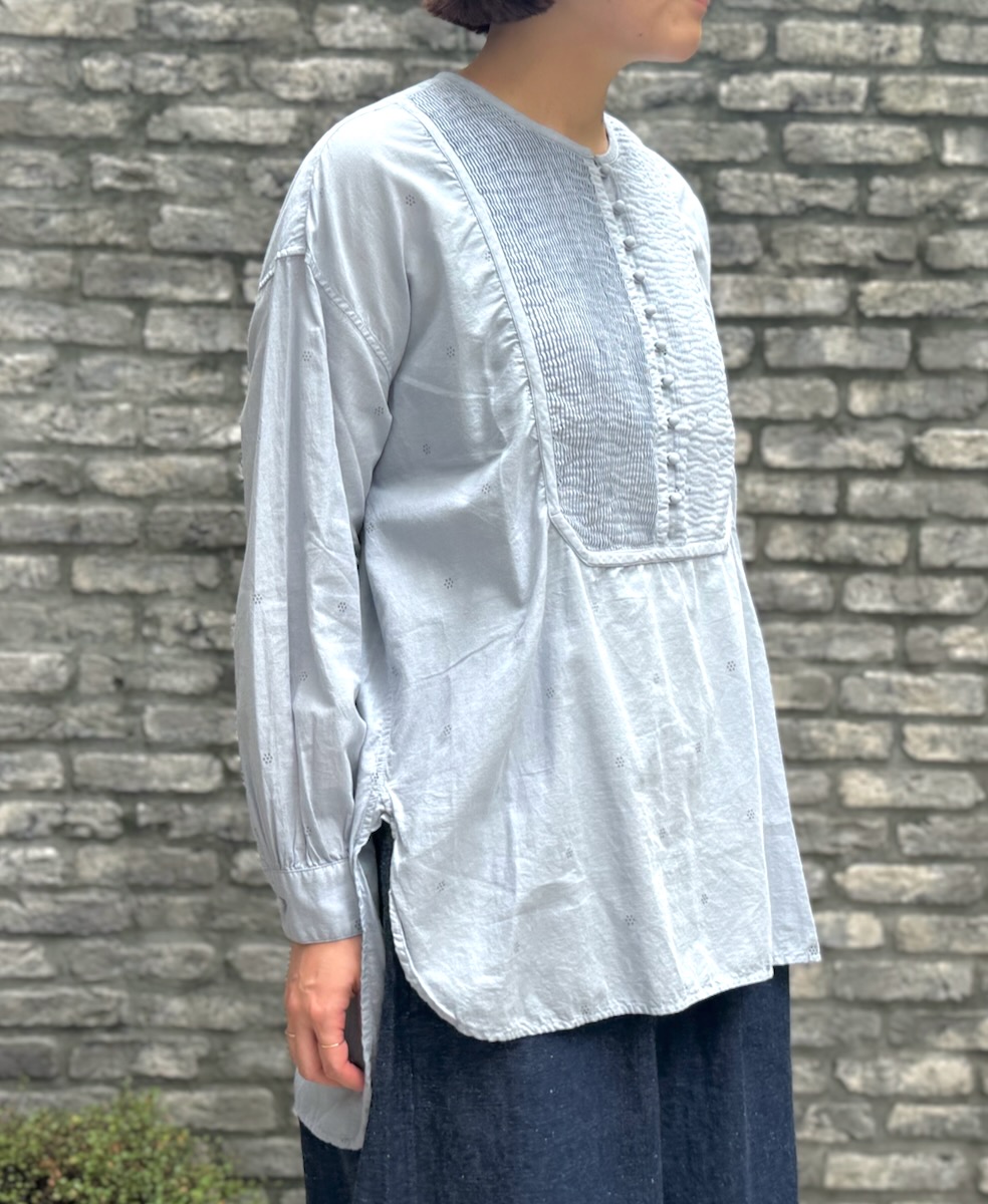 INMDS24712D(ロングシャツ) 60s COTTON DOT FLOWER PRINT(OVERDYE)  CREW-NECK BOSOM LONG SHIRT WITH MINI PINTUCK