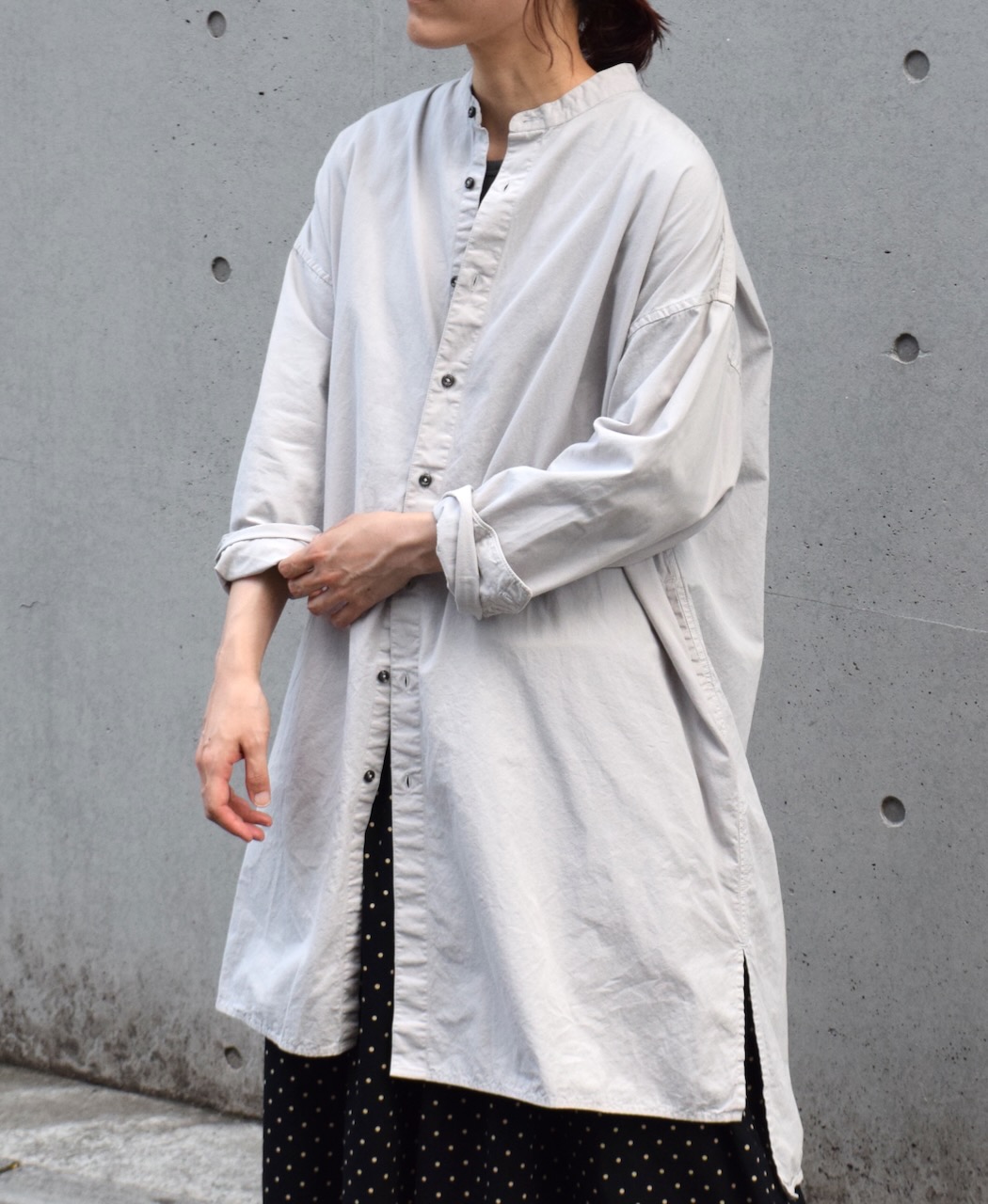 INAM2472PD(シャツ) 40s POPLIN OVER DYED UTILITY BANDED COLLAR LONG SHIRT