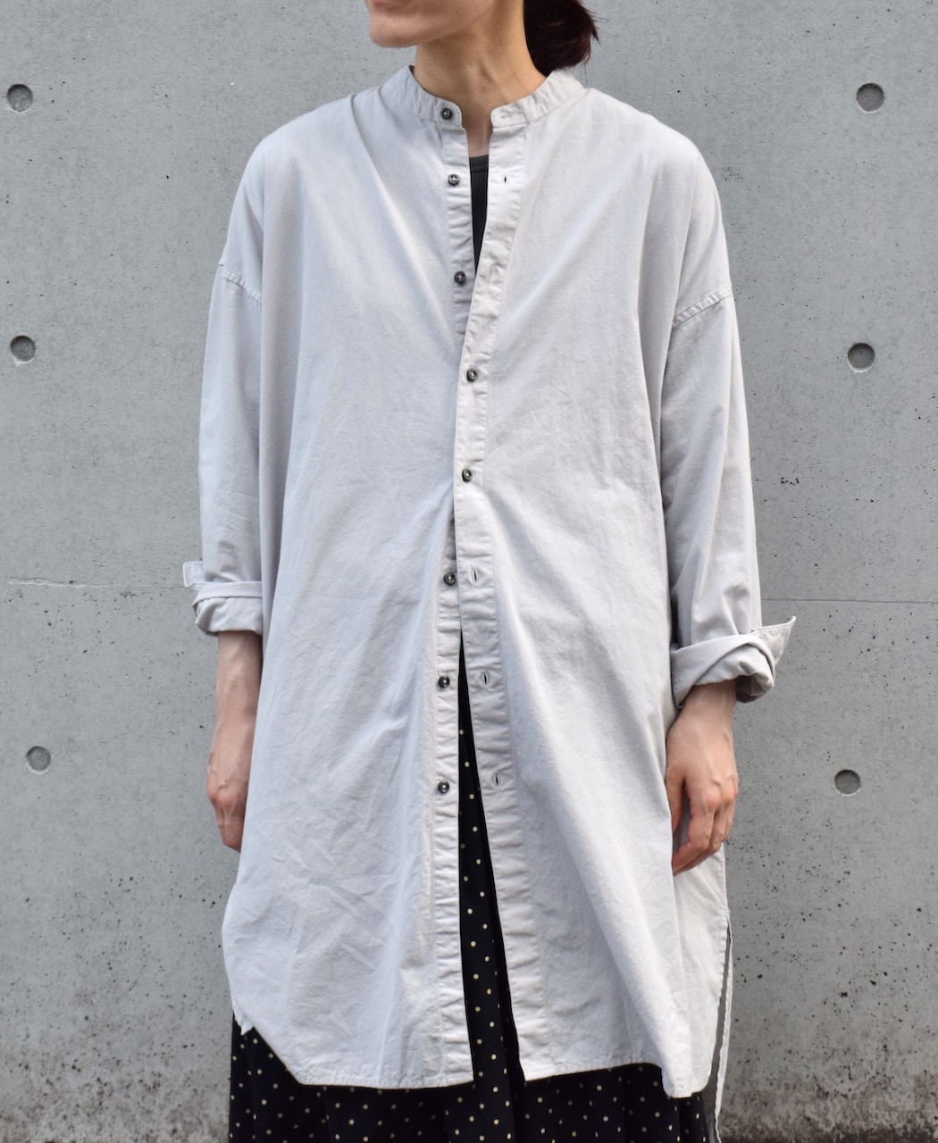 INAM2472PD(シャツ) 40s POPLIN OVER DYED UTILITY BANDED COLLAR LONG SHIRT