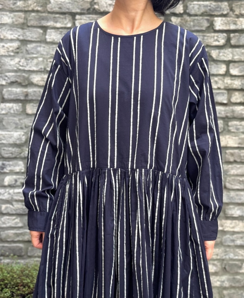 NMDS24622(ワンピース) 60s COTTON STRIPE BLOCK PRINT RAJASTHAN TUCK GATHERED DRESS