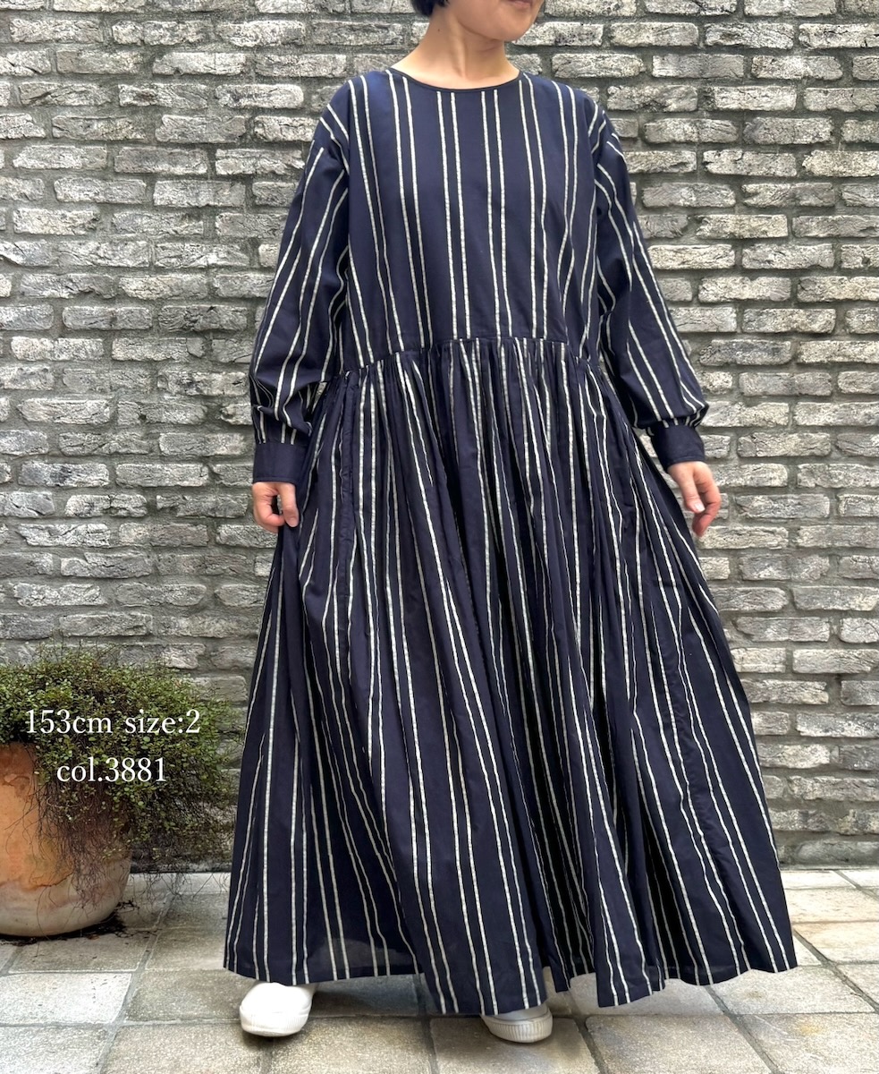 NMDS24622(ワンピース) 60s COTTON STRIPE BLOCK PRINT RAJASTHAN TUCK GATHERED DRESS