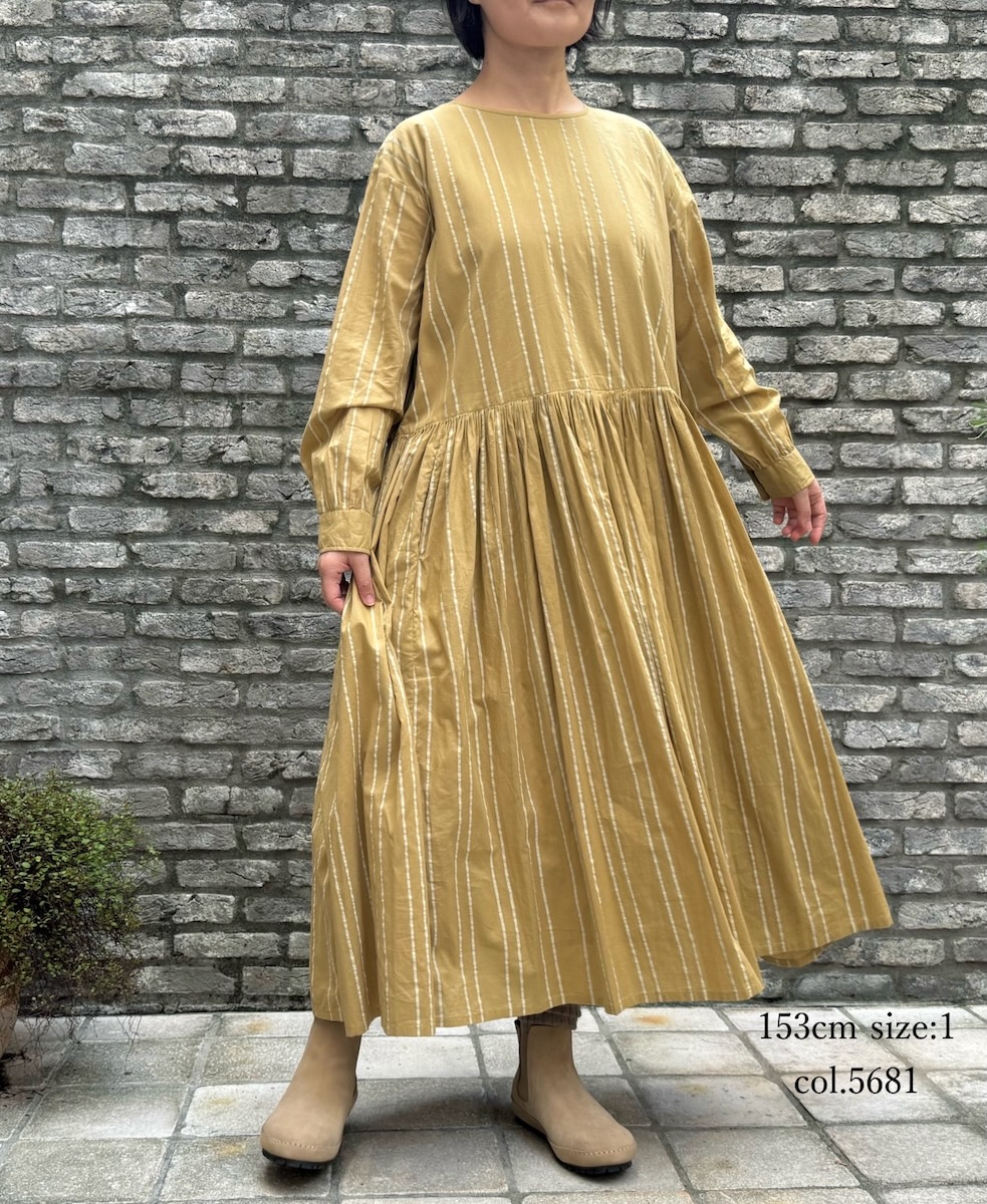 NMDS24622(ワンピース) 60s COTTON STRIPE BLOCK PRINT RAJASTHAN TUCK GATHERED DRESS