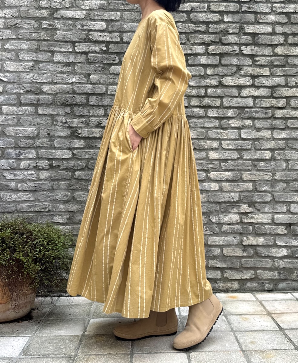 NMDS24622(ワンピース) 60s COTTON STRIPE BLOCK PRINT RAJASTHAN TUCK GATHERED DRESS