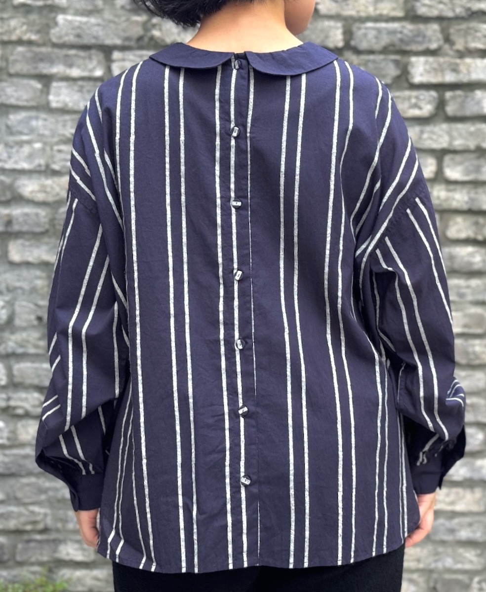 NMDS24621(シャツ) 60s COTTON STRIPE BLOCK PRINT BACK OPENING ROUND COLLAR SHIRT