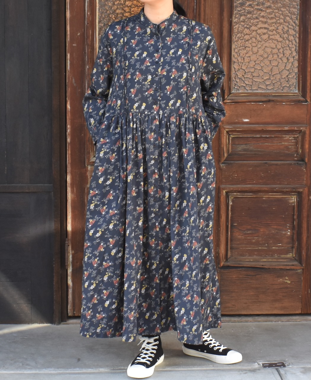 NSL24543(ワンピース) 40s POPLIN FLOWER PRINT BAND COLLAR DRESS