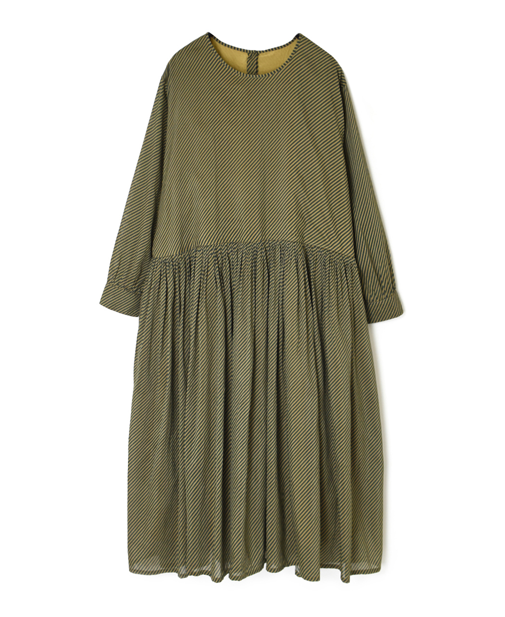 NMDS22562BS(ワンピース) HANDWOVEN COTTON SILK BIAS STRIPE PRINT RAJASTHAN TUCK GATHERED DRESS