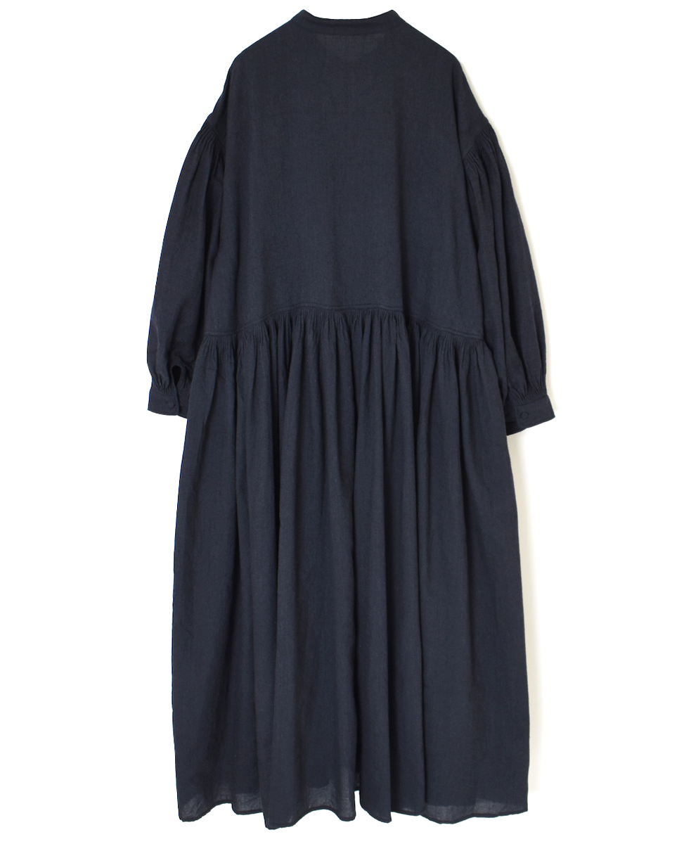 INMDS24742(ワンピース) WOOL/COTTON/SILK PLAIN BANDED COLLAR P/O DRESS WITH RAJASTHAN TUCK GATHER