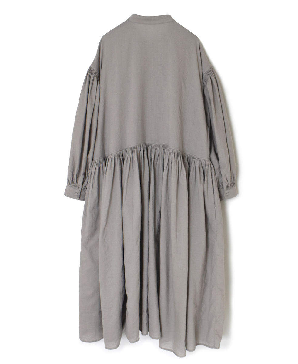 INMDS24742(ワンピース) WOOL/COTTON/SILK PLAIN BANDED COLLAR P/O DRESS WITH RAJASTHAN TUCK GATHER