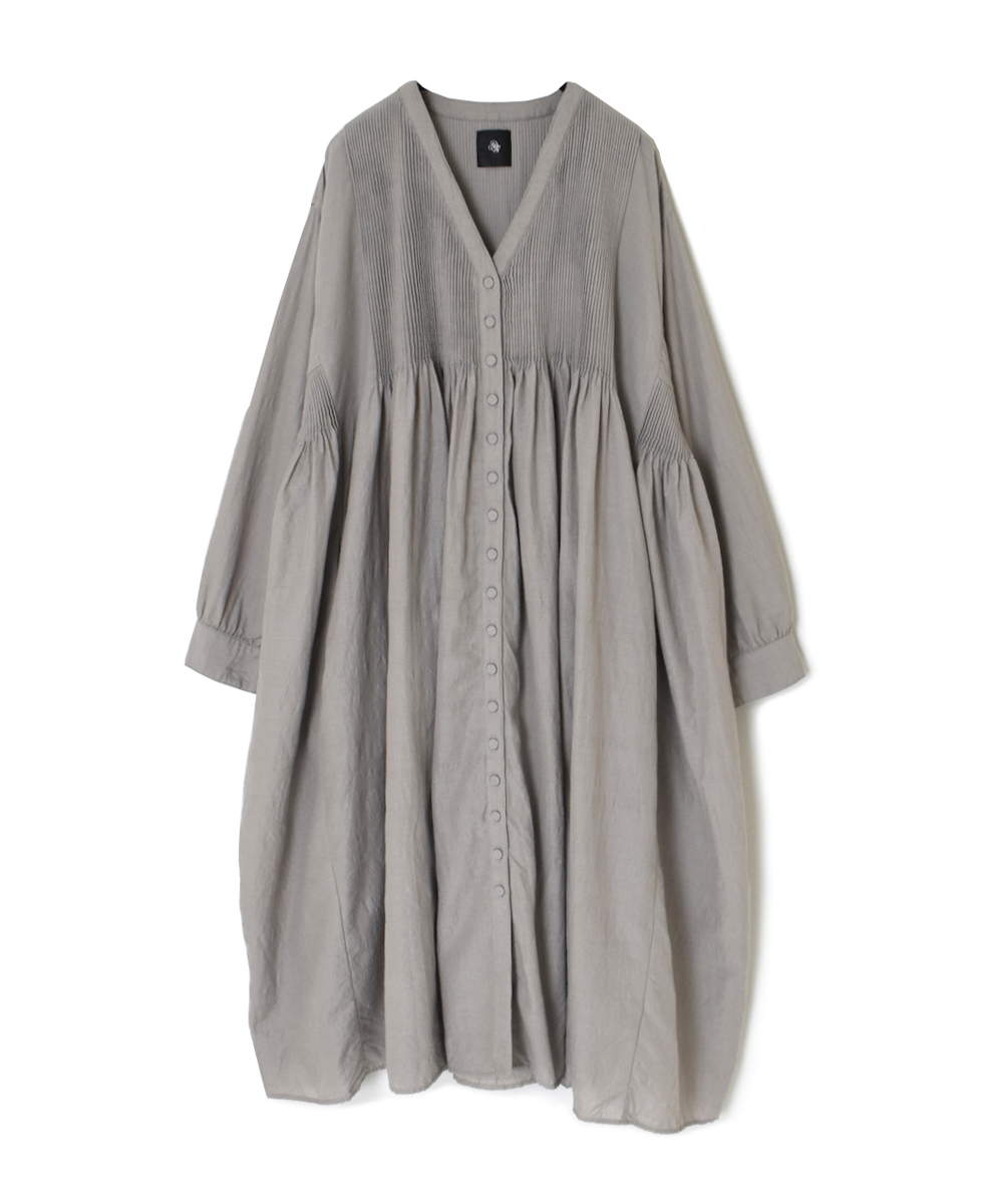 INMDS24743(ワンピース) WOOL/COTTON/SILK PLAIN V-NECK DRESS WITH MINI PINTUCK