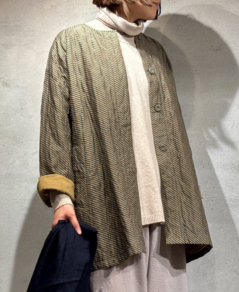 NMDS24531BS(コート) QUILTED HAND WOVEN COTTON SILK BIAS STRIPE PRINT C-NECK RAGLAN HALF COAT