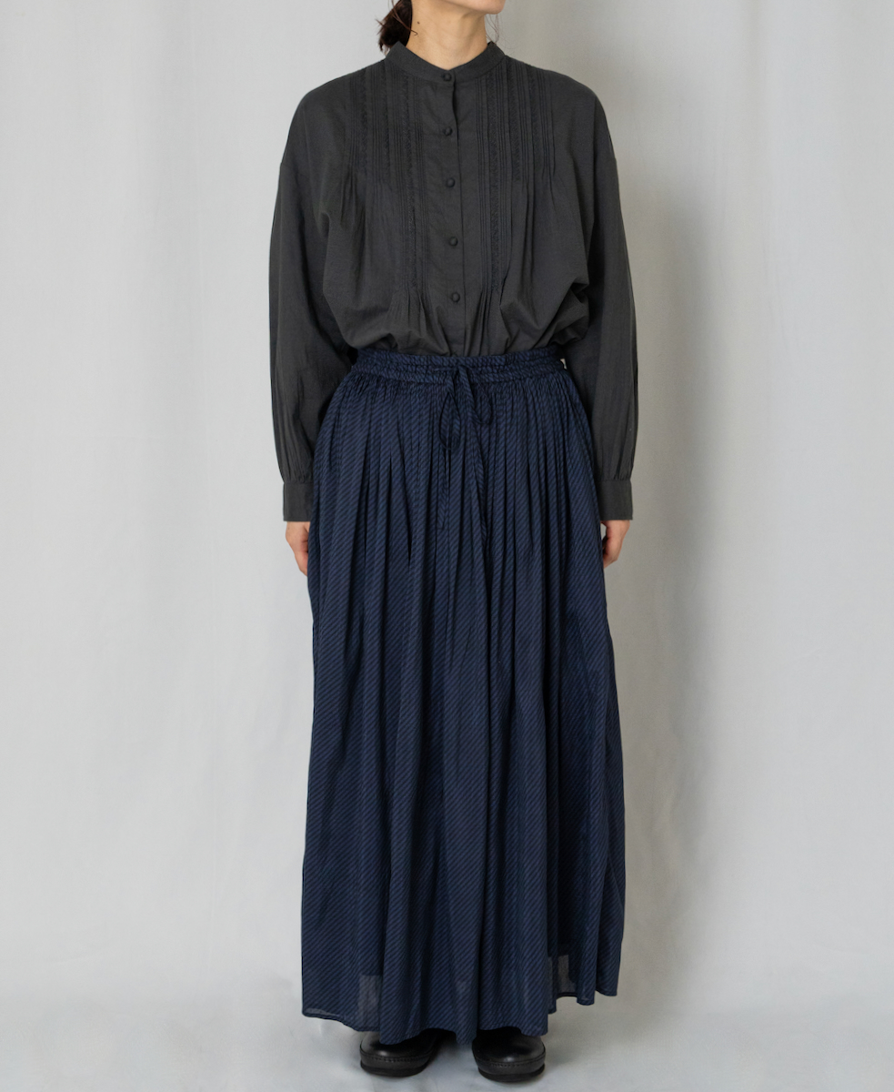 NMDS22564BS(スカート) HANDWOVEN COTTON SILK BIAS STRIPE PRINT RAJASTHAN TUCK GATHERED SKIRT WITH LINING