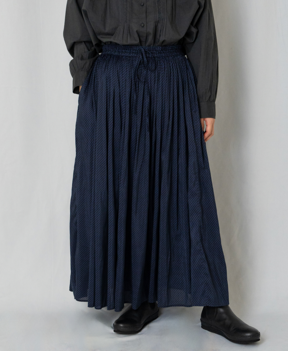 NMDS22564BS(スカート) HANDWOVEN COTTON SILK BIAS STRIPE PRINT RAJASTHAN TUCK GATHERED SKIRT WITH LINING