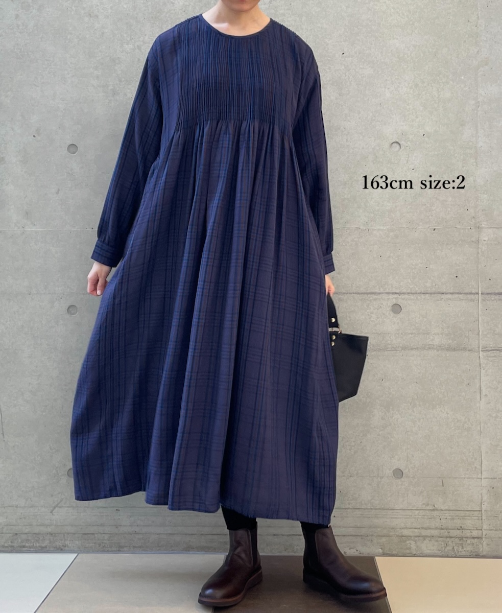 NMDS24582(ワンピース) WOOL COTTON CHECK CREW-NECK P/O SHIRT DRESS WITH MINI PINTUCK