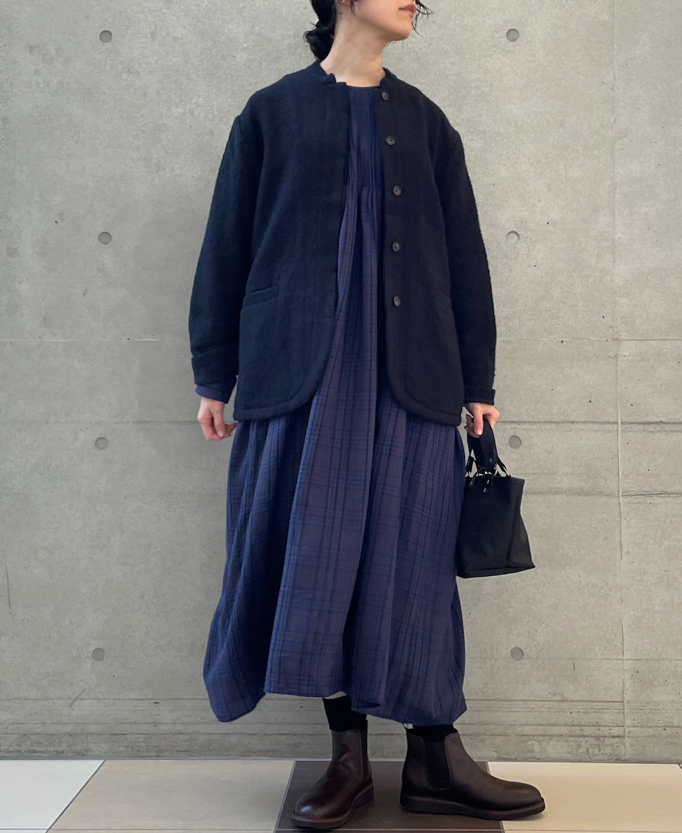 NMDS24582(ワンピース) WOOL COTTON CHECK CREW-NECK P/O SHIRT DRESS WITH MINI PINTUCK