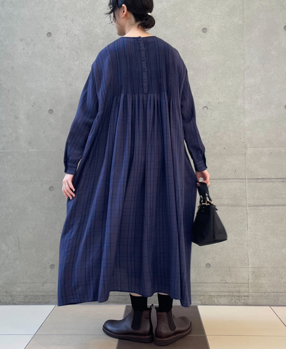 NMDS24582(ワンピース) WOOL COTTON CHECK CREW-NECK P/O SHIRT DRESS WITH MINI PINTUCK