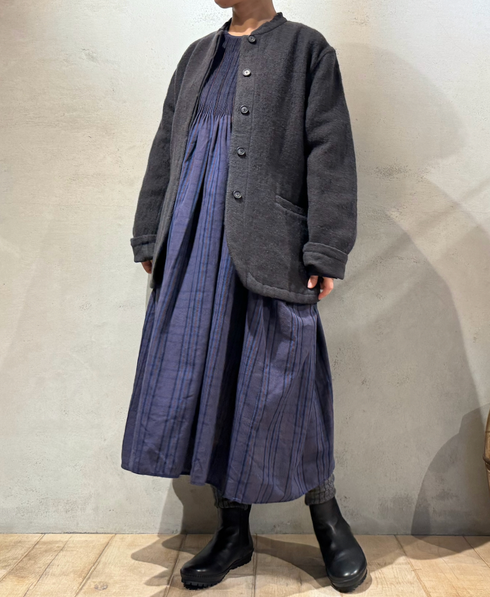 NMDS24582(ワンピース) WOOL COTTON CHECK CREW-NECK P/O SHIRT DRESS WITH MINI PINTUCK