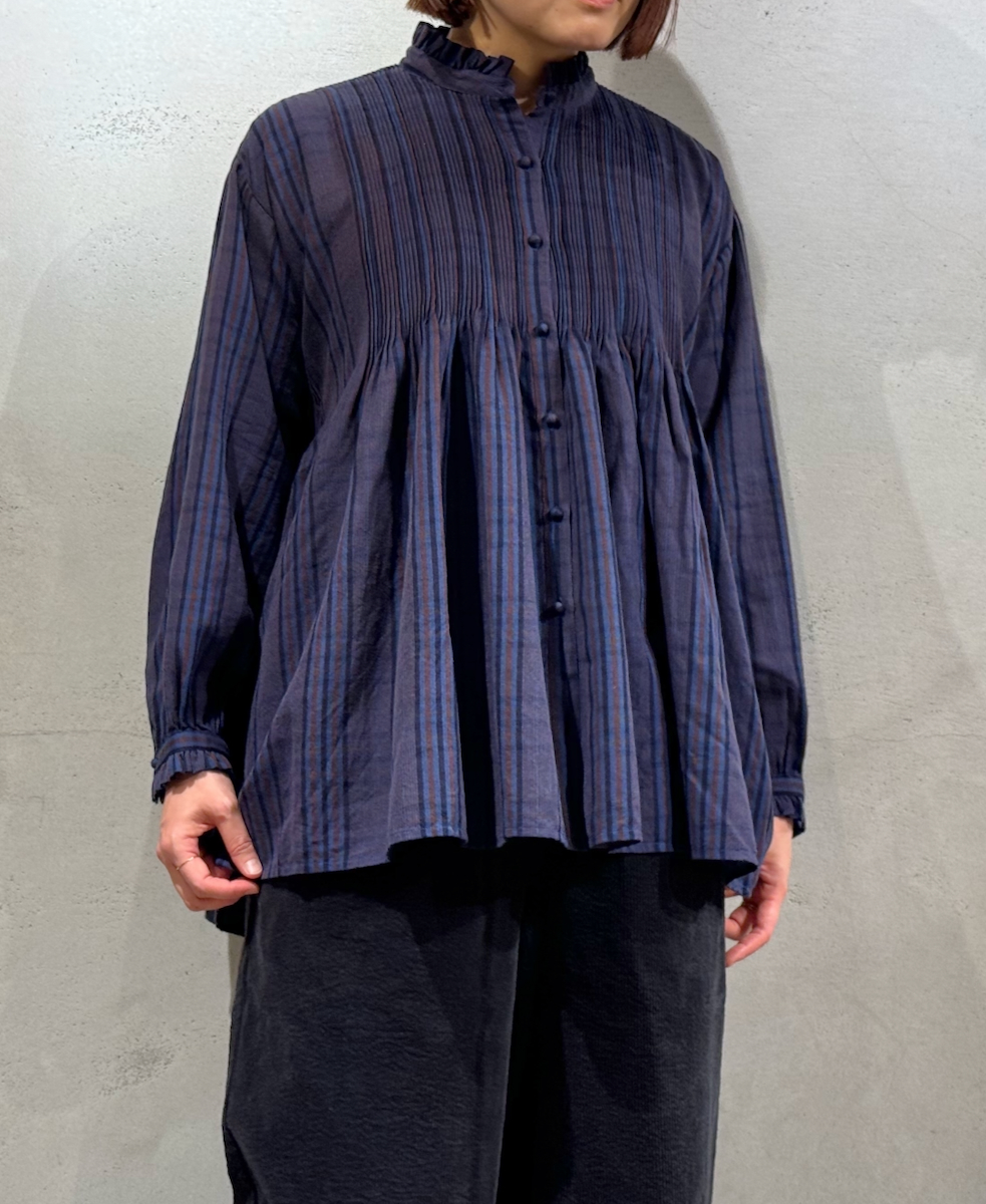 NMDS24581(シャツ) WOOL COTTON CHECK FRILL COLLAR PINTUCK SHIRT