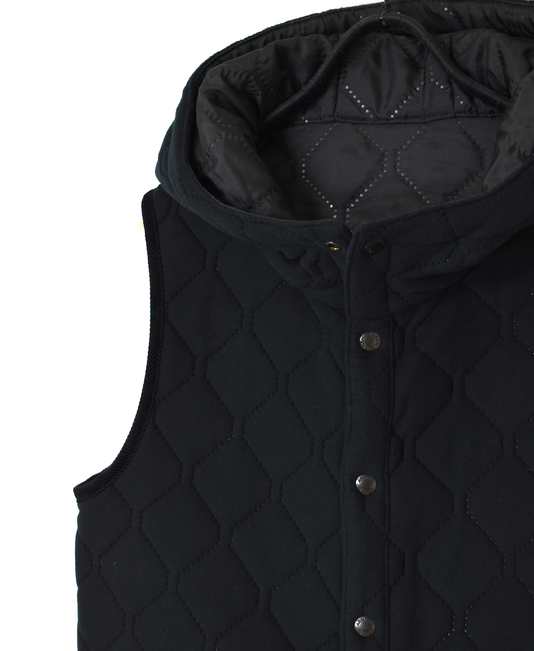 NAM2252(ベスト) PLAIN POLYESTER×FLEECE HEAT QUILT REVERSIBLE HIGH COLLAR HOODED LONG VEST