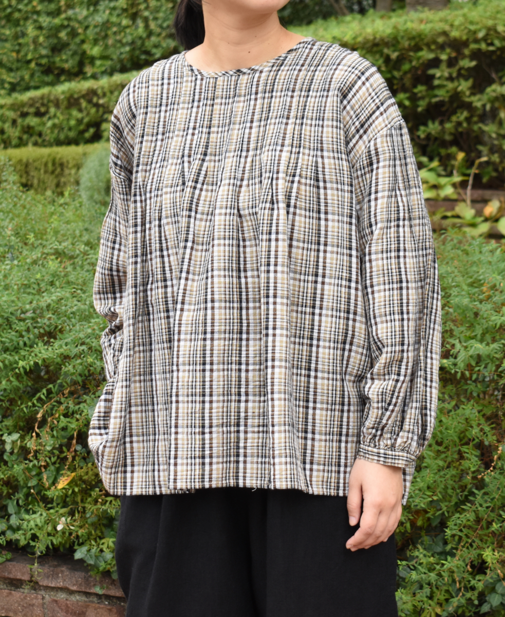 INSL24712(シャツ) WOOL/LINEN CHECK CREW NECK L/SL SHIRT WITH PINTUCK