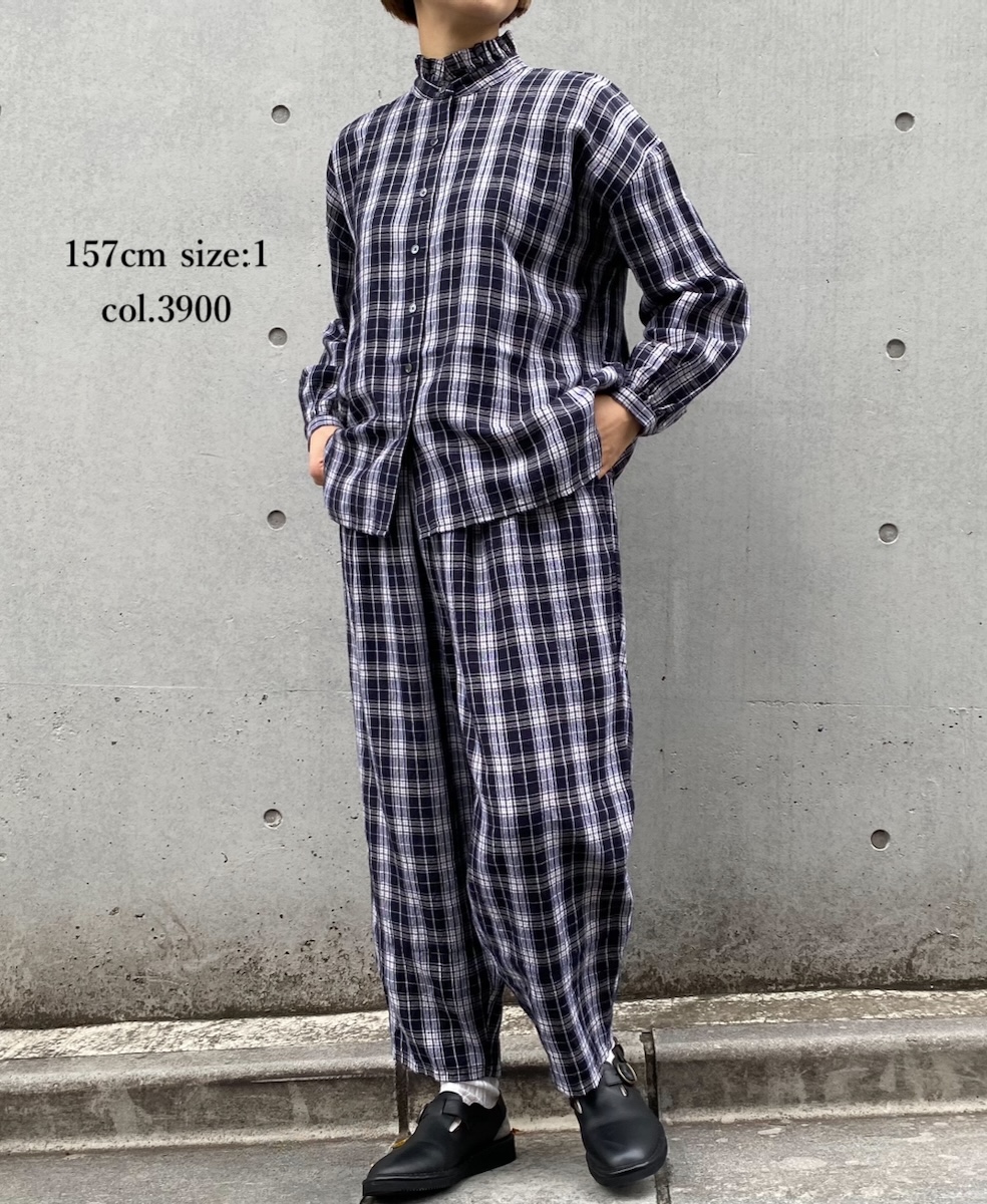 INSL24711(シャツ) WOOL/LINEN CHECK FRILL COLLAR SHIRT